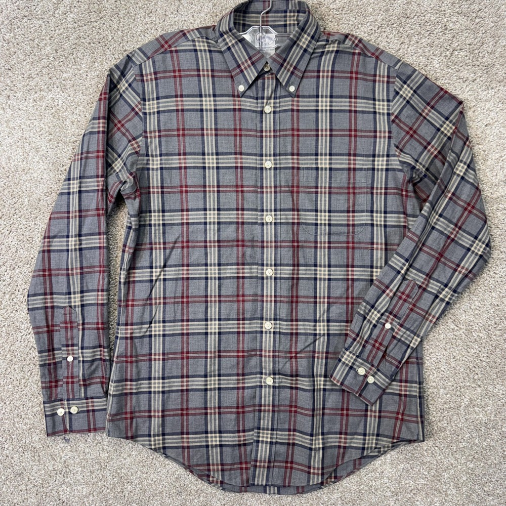 Brooks Brothers Shirt Mens M Regent Grey Plaid Button-Down Supima Cotton EUC